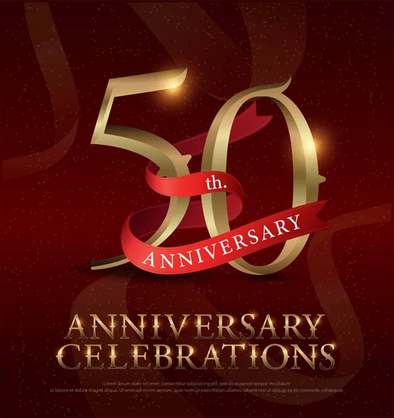 50º Aniversario Celebración Del Logotipo Oro Con Cinta Roja Sobre — Vector de stock