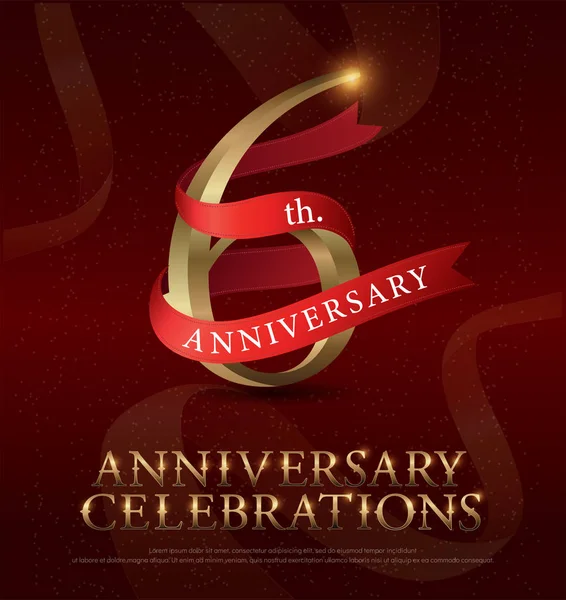 6Th Years Anniversary Celebration Golden Logo Red Ribbon Red Background — Stock Vector