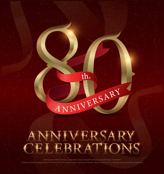 80E Anniversaire Célébration Logo Doré Avec Ruban Rouge Sur Fond — Image vectorielle