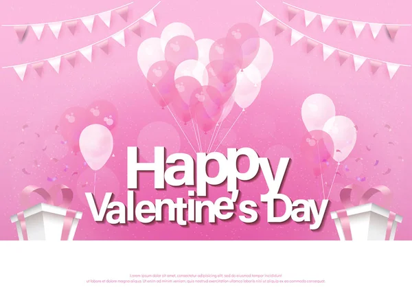Glücklicher Valentinstag Rosa Grußkarte Schriftzug Vorlage Mit Luftballon Fahne Konfetti — Stockvektor