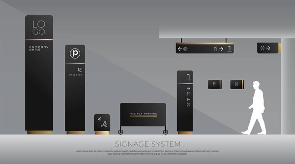 exterior and interior signage concept. direction, pole, wall mount and traffic signage system design template set. empty space for logo, text, black and gold corporate identity