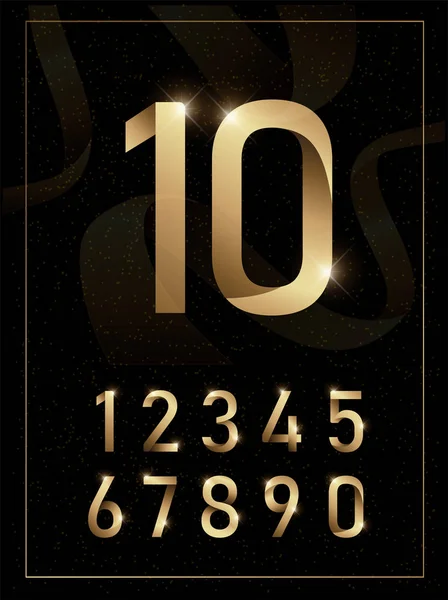 Zarif altın metal sayılar. 1, 2, 3, 4, 5, 6, 7, 8, 9, 10. Altın sayı alfabe yazı parlak metin etkisi. vektör çizim