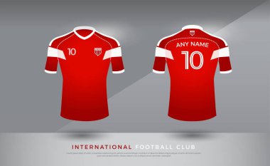 Futbol t-shirt tasarım Tekdüzen seti futbol takımı. Futbol jersey şablon futbol kulübü için. Kırmızı ve beyaz renk, ön ve arkadan görünüm gömlek kadar alay et. Vektör çizim