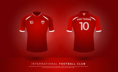 Futbol t-shirt tasarım Tekdüzen seti futbol takımı. Futbol jersey şablon futbol kulübü için. Kırmızı ve beyaz renk, ön ve arkadan görünüm gömlek kadar alay et. Vektör çizim