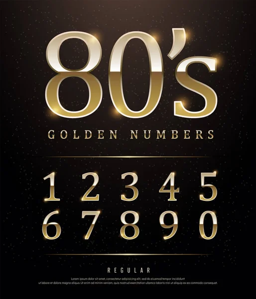 80S Retro Elegant Numbers Gold Colored Metal Chrome Alphabet Font — Stock Vector