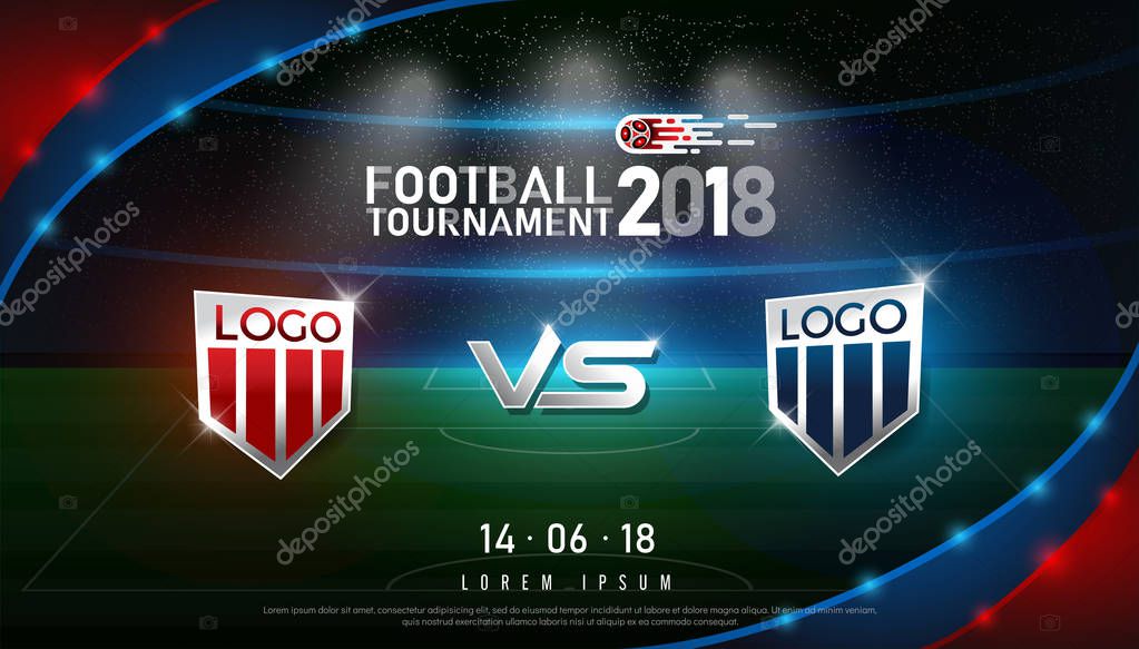 2018 world championship football cup flag and stadium background. soccer scoreboard match vs strategy broadcast graphic template