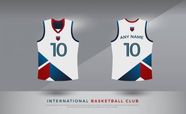 Basketbol t-shirt tasarım Tekdüzen kiti ayarlayın. Voleybol jersey şablonu. Mavi kırmızı ve beyaz renk, ön ve arkadan görünüm gömlek kadar alay et. Vektör çizim