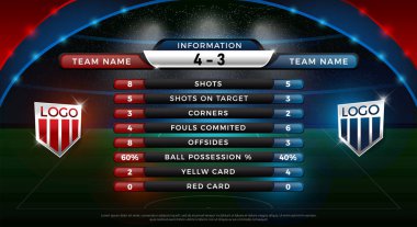 ayaktopu puan tahtası ve genel durum yayın grafik futbol şablonu, 2018 futbol bilgi puanı, istatistik, çekim, offsides, köşeleri, taahhüt fauller ve sahip top