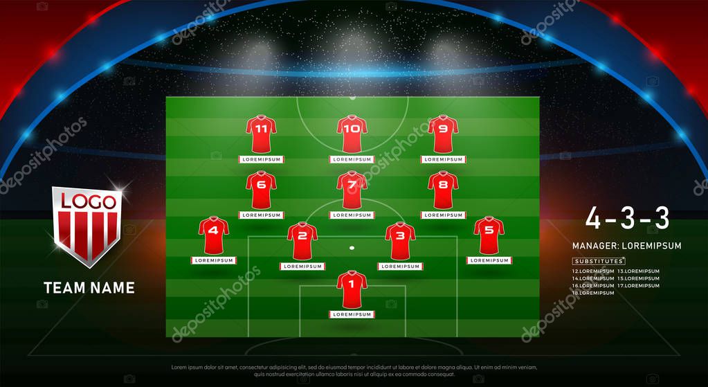 2018 world championship football on stadium; background. soccer scoreboard match vs strategy substitutes broadcast graphic template. vector illustration.