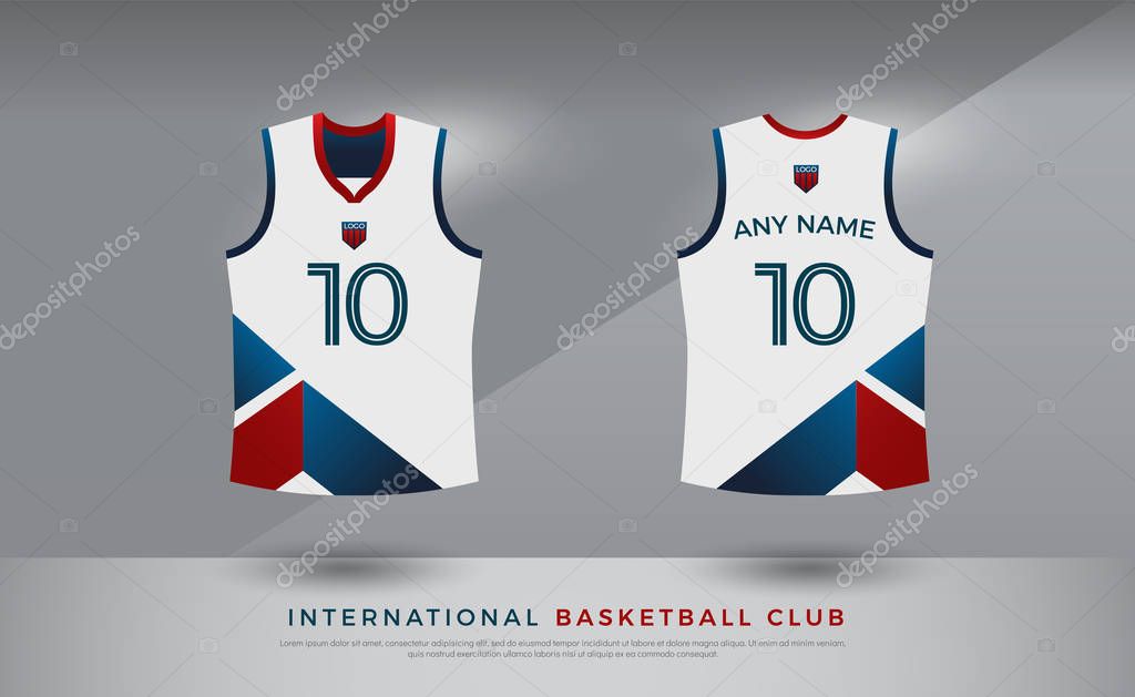 Basketball t-shirt design uniform set of kit. volleyball jersey template. blue red and white color, front and back view shirt mock up. Vector Illustration