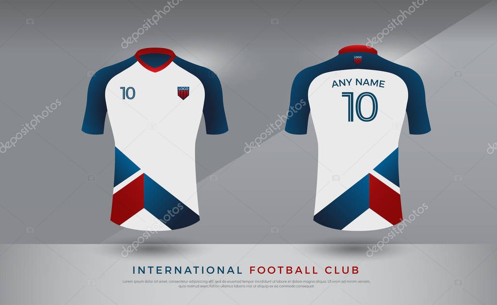 Soccer t-shirt design uniform set of soccer kit. football jersey template for football club. blue red and white color, front and back view shirt mock up. Vector Illustration