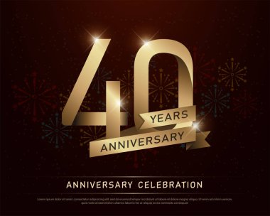 40th years anniversary celebration gold number and golden ribbons with fireworks on dark background. vector illustration clipart