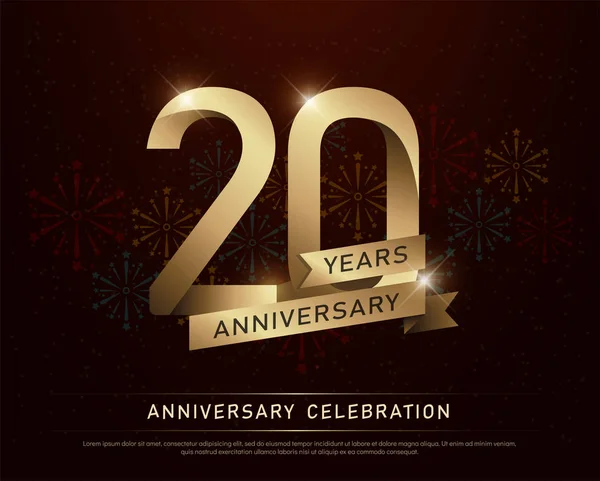 20 yıl yıldönümü kutlama altın sayı ve koyu arka plan üzerinde havai fişek ile altın şeritler. vektör çizim