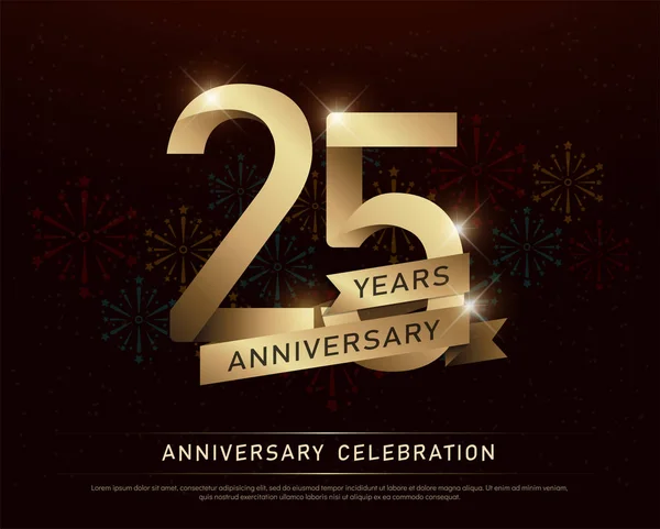 25º Aniversario Celebración Número Oro Cintas Oro Con Fuegos Artificiales — Vector de stock