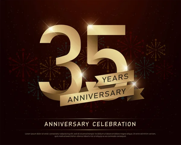 35º Aniversario Celebración Número Oro Cintas Oro Con Fuegos Artificiales — Archivo Imágenes Vectoriales