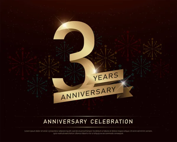 3Rd Years Anniversary Celebration Gold Number Golden Ribbons Fireworks Dark — Stock Vector