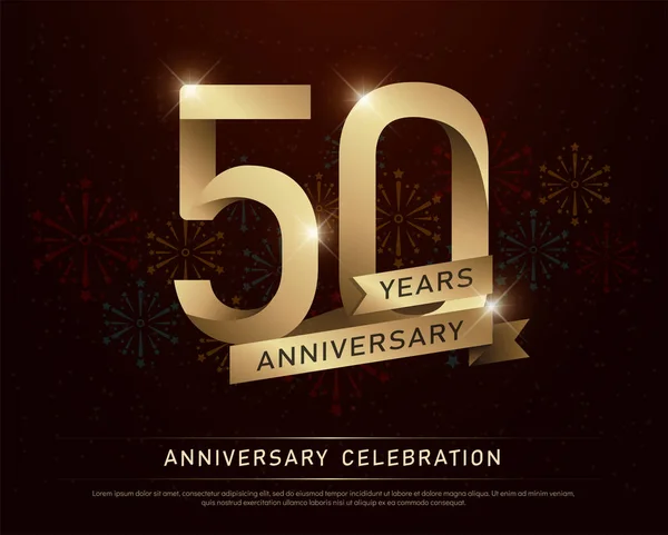 50Η Επέτειος Χρόνια Γιορτή Χρυσό Αριθμό Και Χρυσές Κορδέλες Πυροτεχνήματα — Διανυσματικό Αρχείο