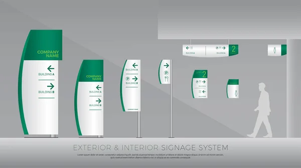 iç ve dış cephe tabela sistemi. yön, kutup, wall mount ve trafik sinyal sistem tasarım şablonu kümesi. logo, metin, beyaz ve yeşil kurumsal kimlik için boş alan