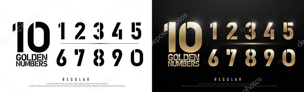 Technology alphabet golden numbers metallic and effect designs for logo, Poster. Exclusive Gold Number Letters Typography regular font digital and sport concept