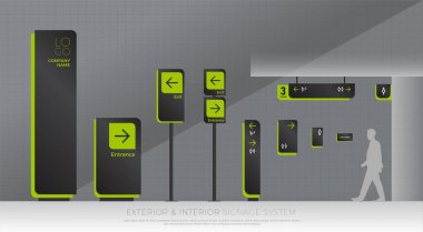 iç ve dış cephe tabela sistemi. yön, kutup, wall mount ve trafik sinyal sistem tasarım şablonu kümesi. logo, metin, yeşil ve siyah renk kurumsal kimlik için boş alan