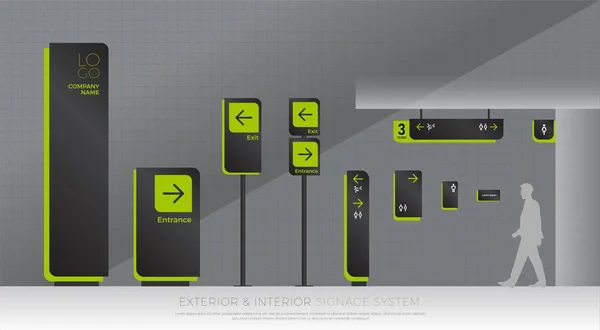 内外装看板システム ポール 壁マウントとトラフィック サイン システムのデザイン テンプレート セット 空スペースのロゴ テキスト 緑と黒のカラー — ストック写真