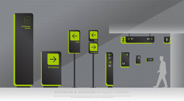 exterior and interior signage system. direction, pole, wall mount and traffic signage system design template set. empty space for logo, text, green and black color corporate identity