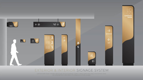exterior and interior signage concept. direction, pole, wall mount and traffic signage system design template set. empty space for logo, text, black and gold corporate identity