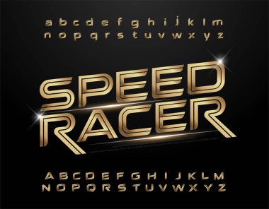  Teknoloji alfabe altın metalik ve etkisi için tasarımlar logo, afiş, davetiye. Özel altın harfler tipografi italik yazı tipi dijital ve spor kavram. vektör çizim