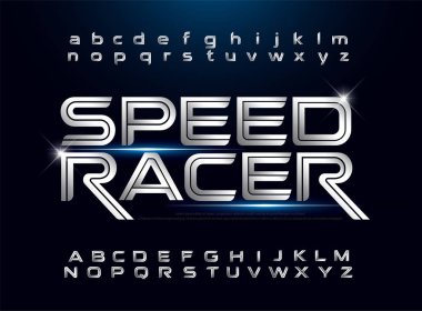  Teknoloji alfabe gümüş metalik ve etkisi için tasarımlar logo, afiş, davetiye. Özel mektup tipografi düzenli yazı tipi dijital ve spor kavram. Vector Illustrator