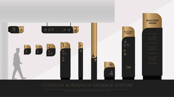 exterior and interior signage concept. direction, pole, wall mount and traffic signage system design template set. empty space for logo, text, black and gold corporate identity