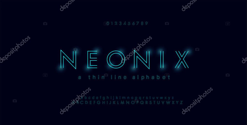 Abstract urban thin line font alphabet. Minimal modern neon fonts and numbers. Typography typeface uppercase lowercase and number. vector illustration