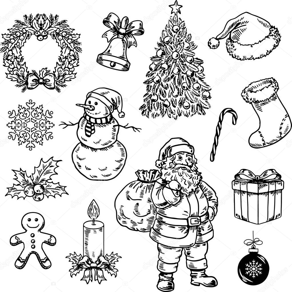Set of hand-drawed Christmas icons. Vector illustration 