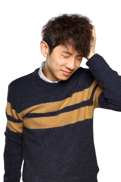 Closeup portrait, stressed young asian man, hands on head with b — Stock Photo, Image