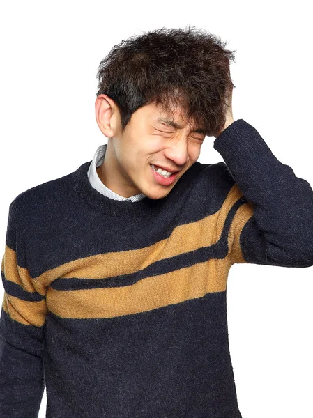 Closeup retrato, stressado jovem asiático homem, mãos na cabeça com b Imagens De Bancos De Imagens