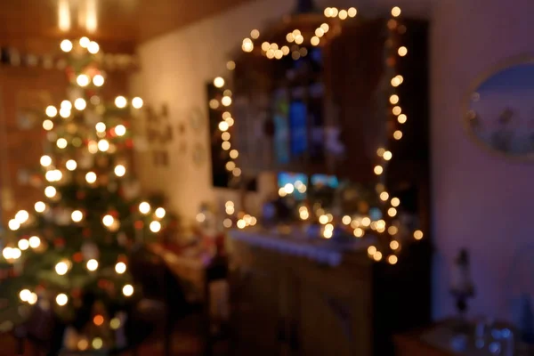 Bokeh Παρασκηνίου Ατμοσφαιρικά Φωτισμένη Οικογενειακό Δωμάτιο Στο Χρόνο Χριστουγέννων — Φωτογραφία Αρχείου