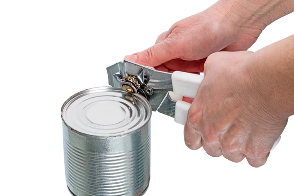 Hands open tin can opener mechanical — Stock Photo, Image