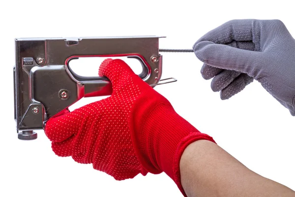 Hands ready to work construction stapler — Stock Photo, Image