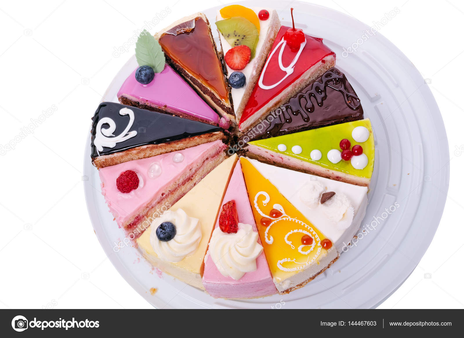 Original verschiedene Kuchenstücke auf weiß - Stockfotografie ...