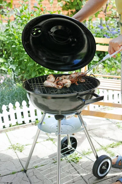 Barbecue on wheels and chicken — Stock Photo, Image