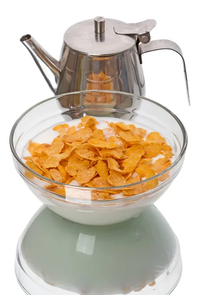 Crispy corn flakes and milkman — Stock Photo, Image