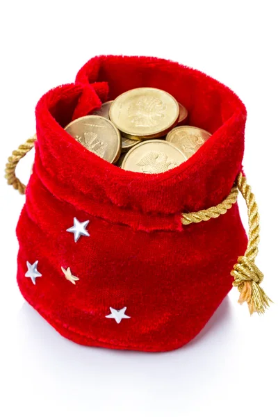 Red Bag with coins on white — Stock Photo, Image