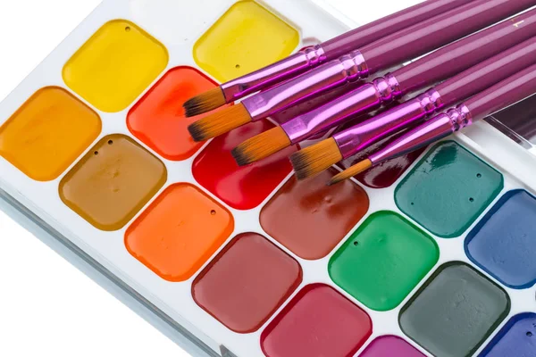 Watercolors and brushes closeup — Stock Photo, Image