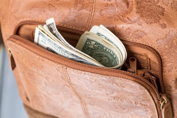 Доллары в кармане сумки — стоковое фото