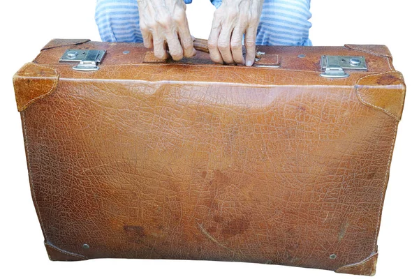 Koffer en oude vrouw handen — Stockfoto