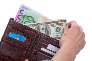 Yüz dolar ve euro banknot ile cüzdan