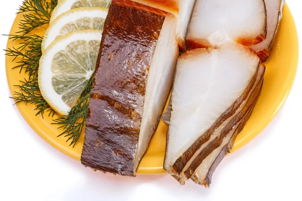 Smoking halibut fish with lemon and dill — Stock Photo, Image