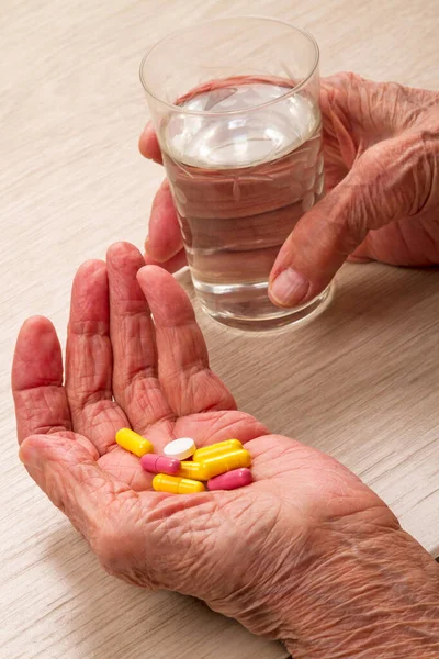 Old Woman Pills Palm His Hand Glass Water — Stock Photo, Image