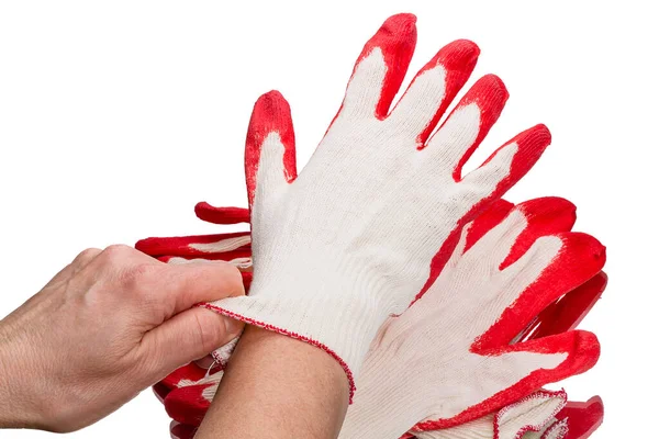 Femme Essaie Des Gants Coton Isolés Sur Fond Blanc — Photo