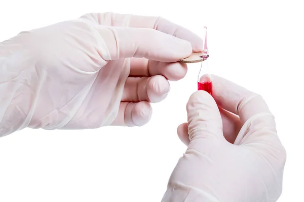 Frasco Para Injectáveis Mão Humana Aberto Com Vacina Isolada Sobre — Fotografia de Stock
