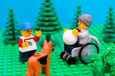 Lego çocuk arkadaş ve köpek park topla oynamayı tekerlekli sandalyede